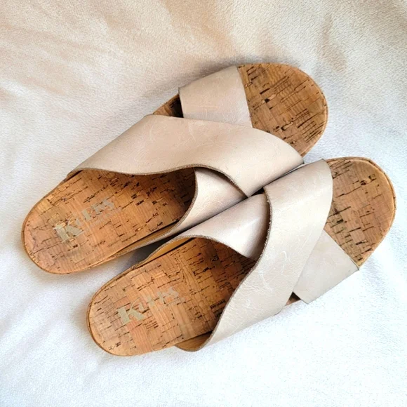 Korks By Kork Ease Leather Ivory Wide Strap Slides Sandals Casual Boho Size 8M - Picture 1 of 8